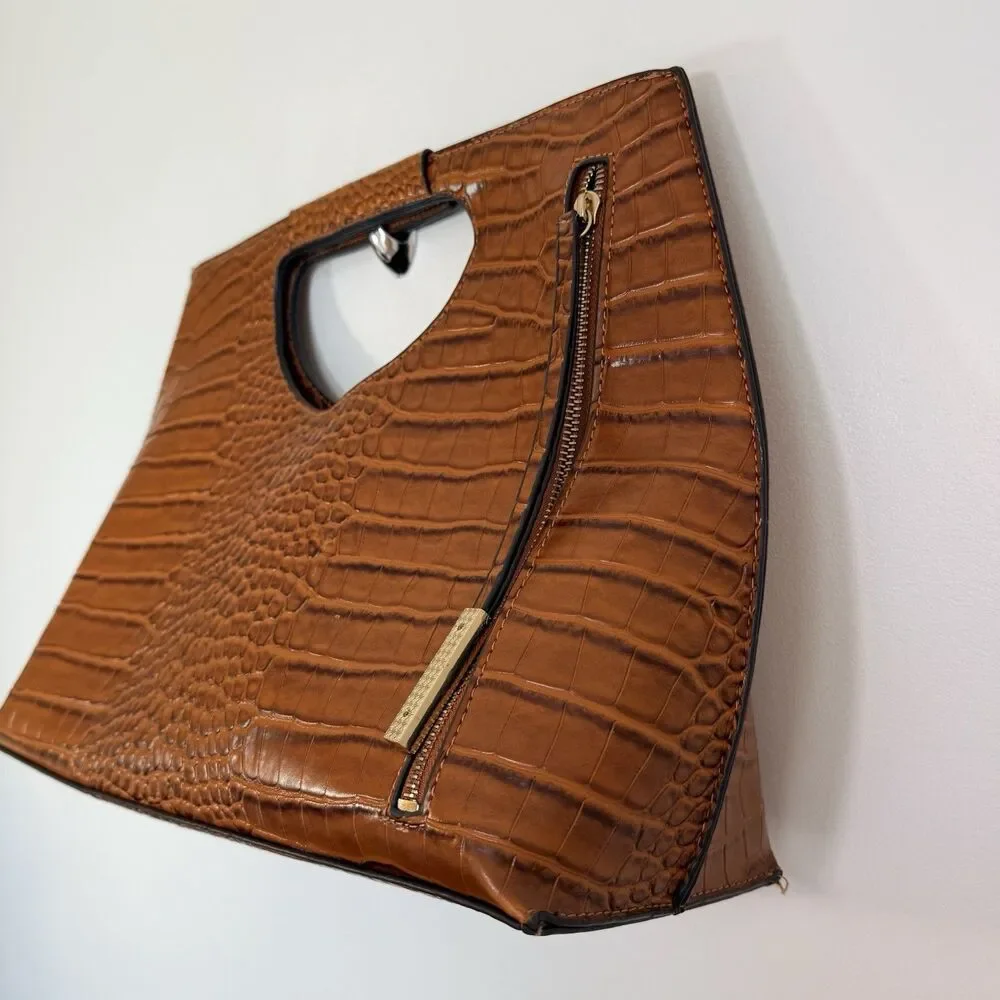 Croc Embossed Brown Faux Leather Clutch Purse Cutout Handle Shoulder Bag - Picture 5 of 16